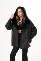 The Denali Hooded Black Shearling Leather Jacket