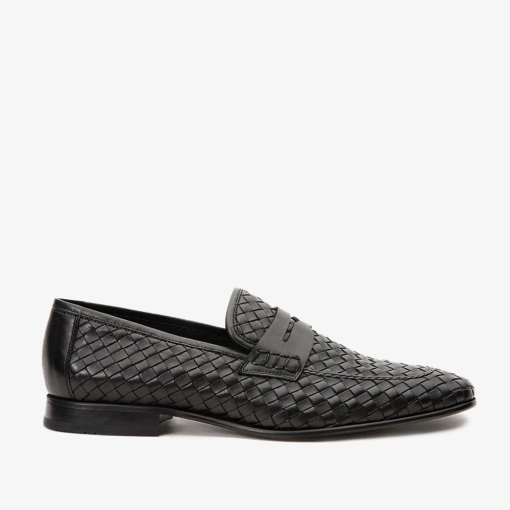 The Grand Woven Leather Black Shoe Penny Loafer