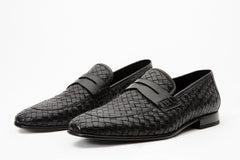 The Grand Woven Leather Black Shoe Penny Loafer