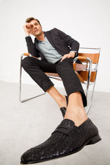 The Grand Woven Leather Black Shoe Penny Loafer