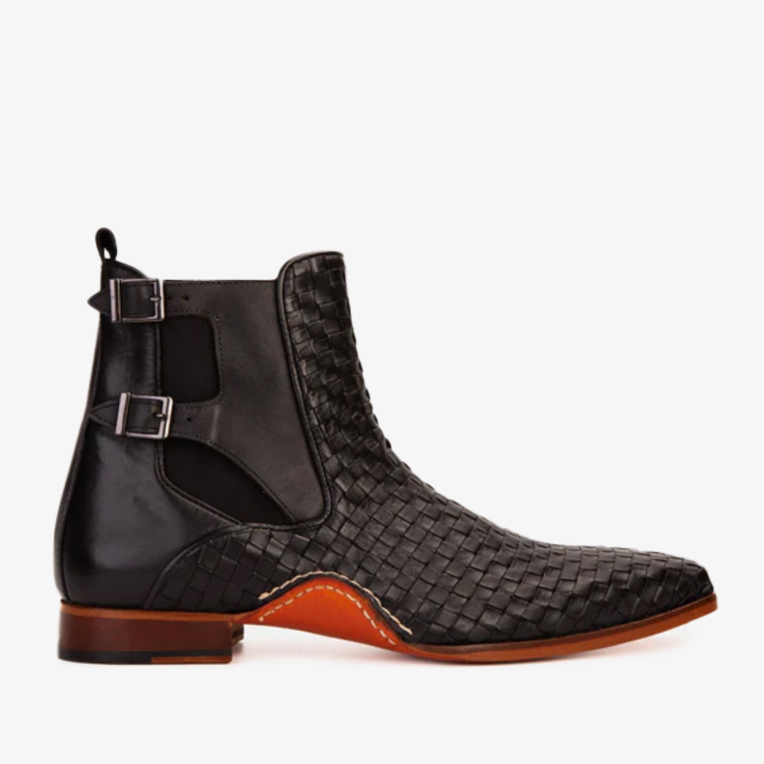 The Rolls Boot Woven Black Leather Double Monk Strap Handmade Shoe