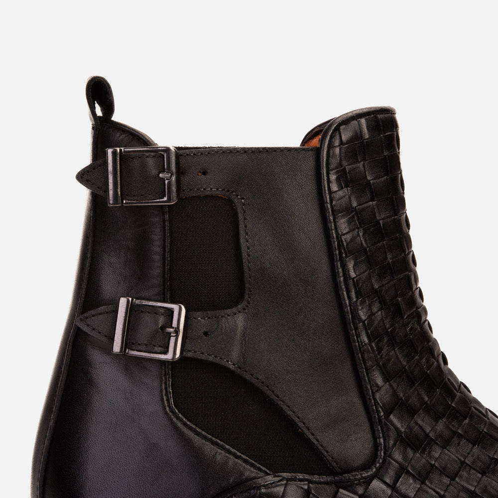 The Rolls Boot Woven Black Leather Double Monk Strap Handmade Shoe