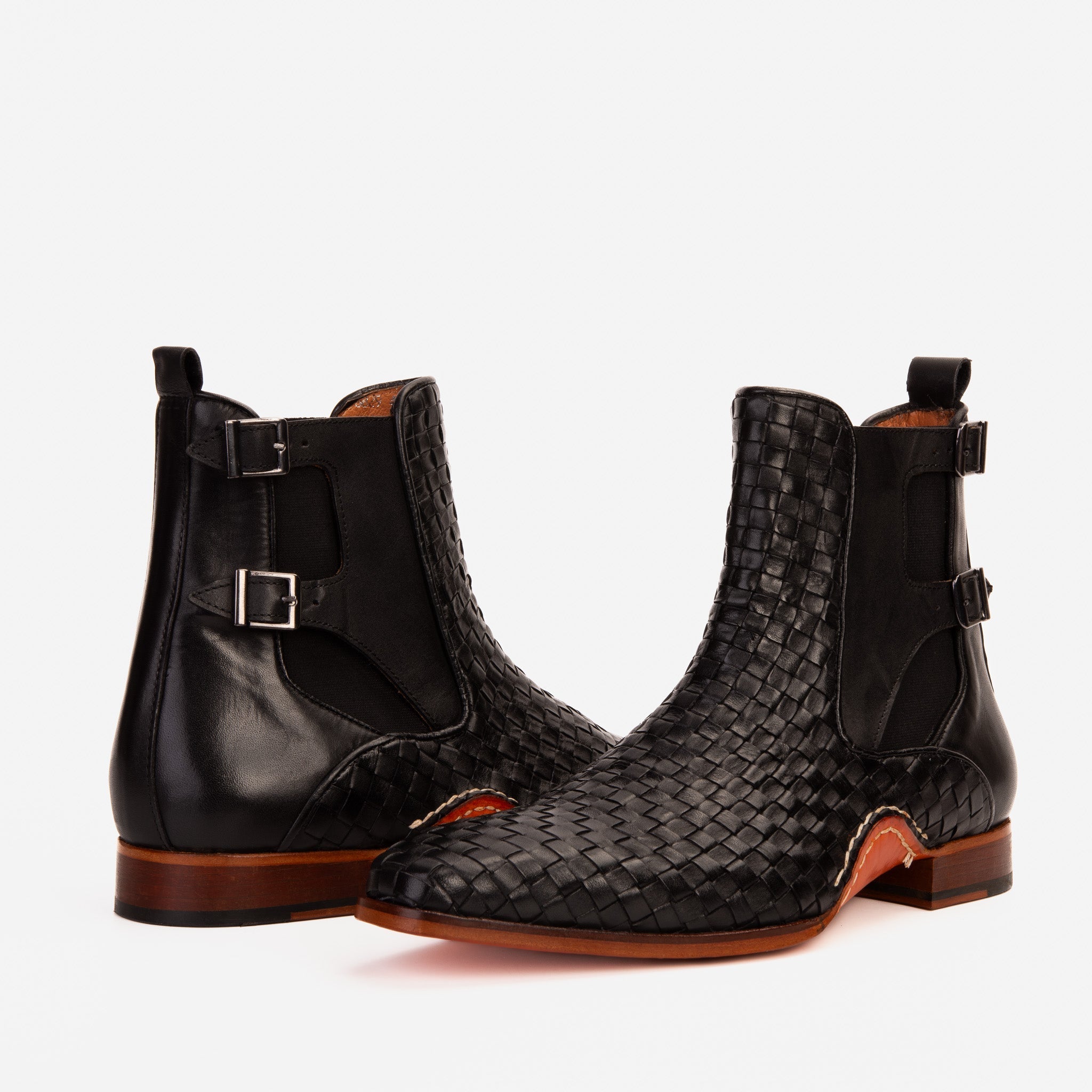 The Rolls Boot Woven Black Leather Double Monk Strap Handmade Shoe