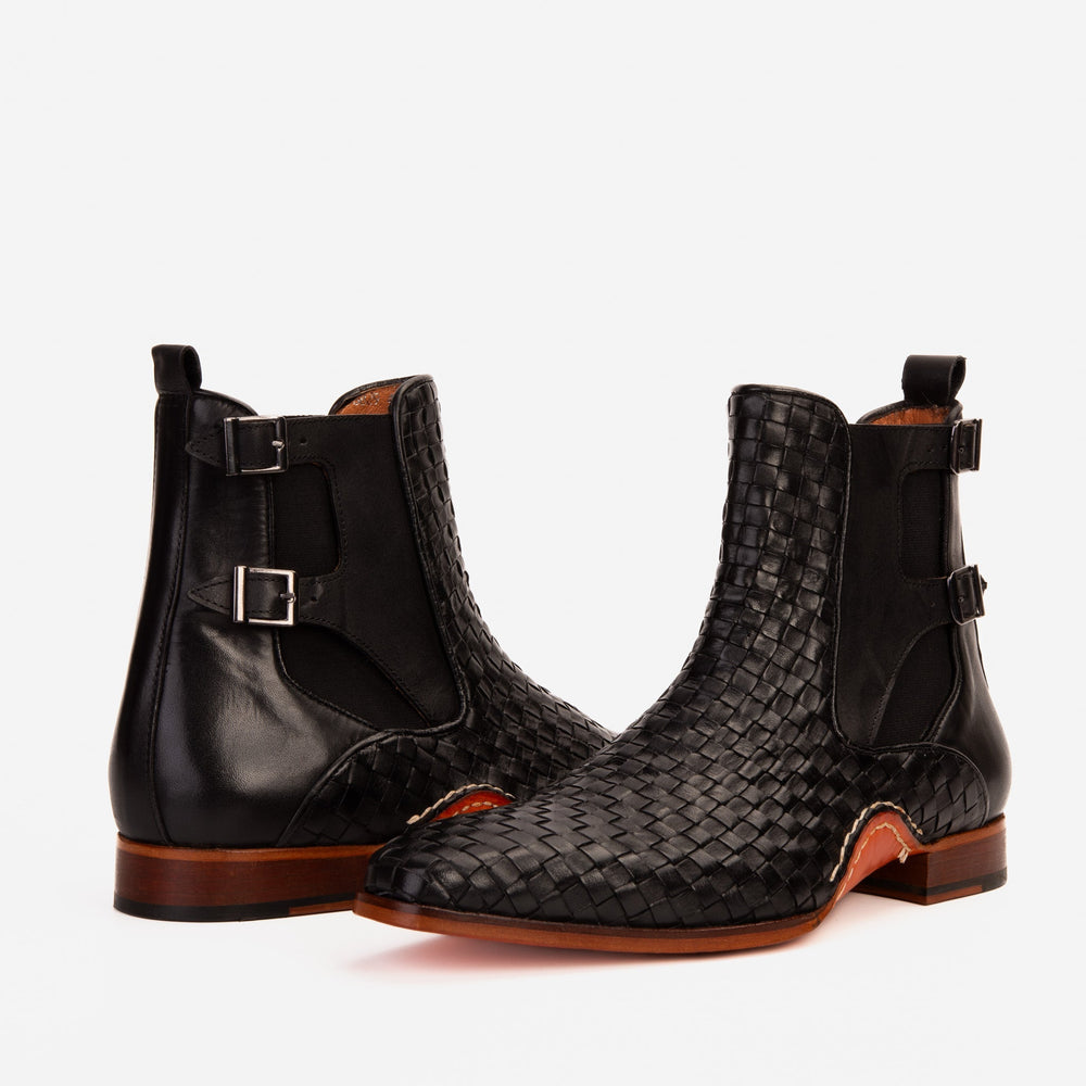 The Rolls Boot Woven Black Leather Double Monk Strap Handmade Shoe