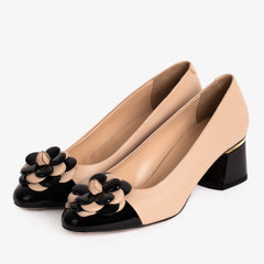 The Diva Beige Leather Cap Toe Block Heel Pump Shoe
