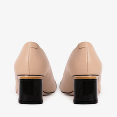 The Diva Beige Leather Cap Toe Block Heel Pump Shoe