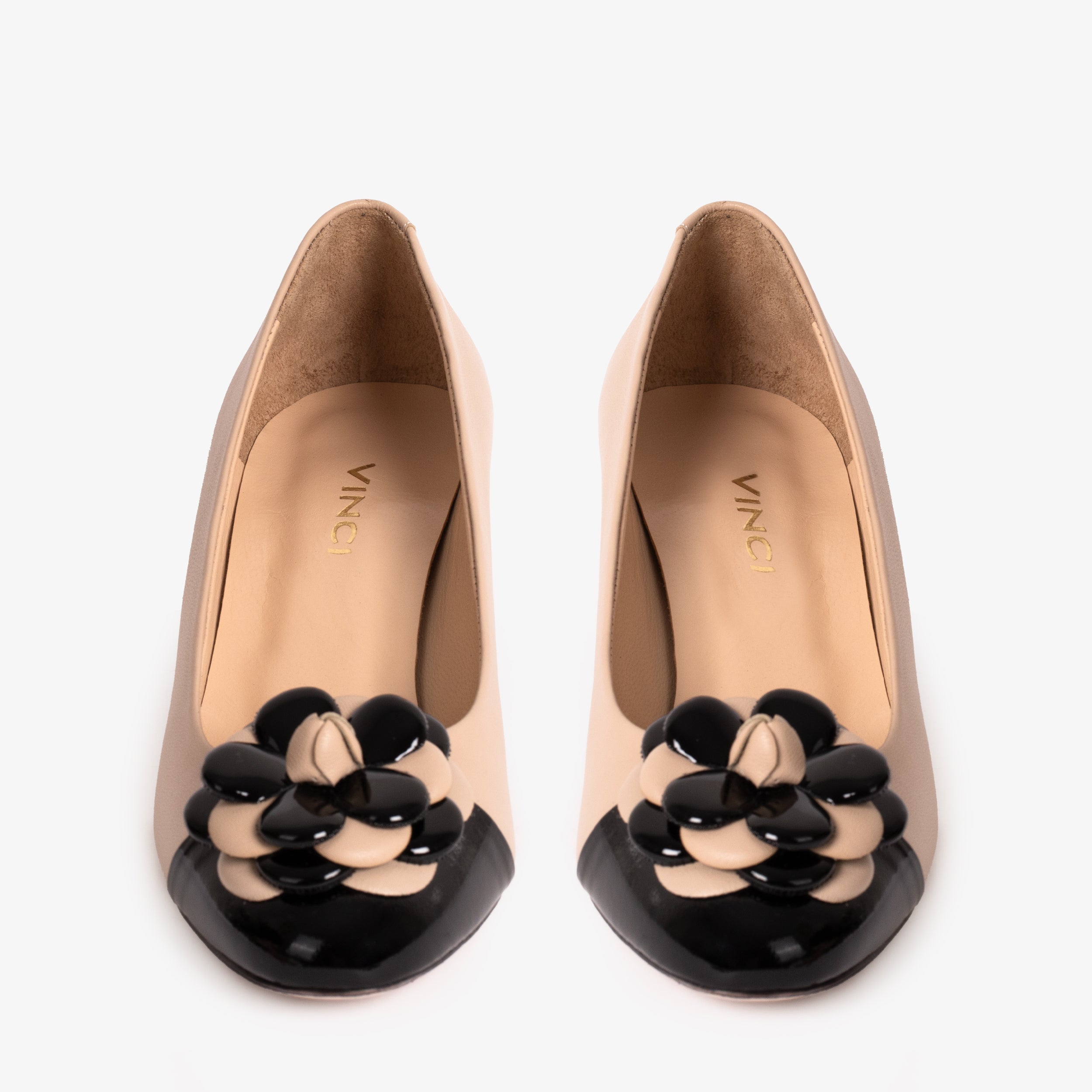 The Diva Beige Leather Cap Toe Block Heel Pump Shoe