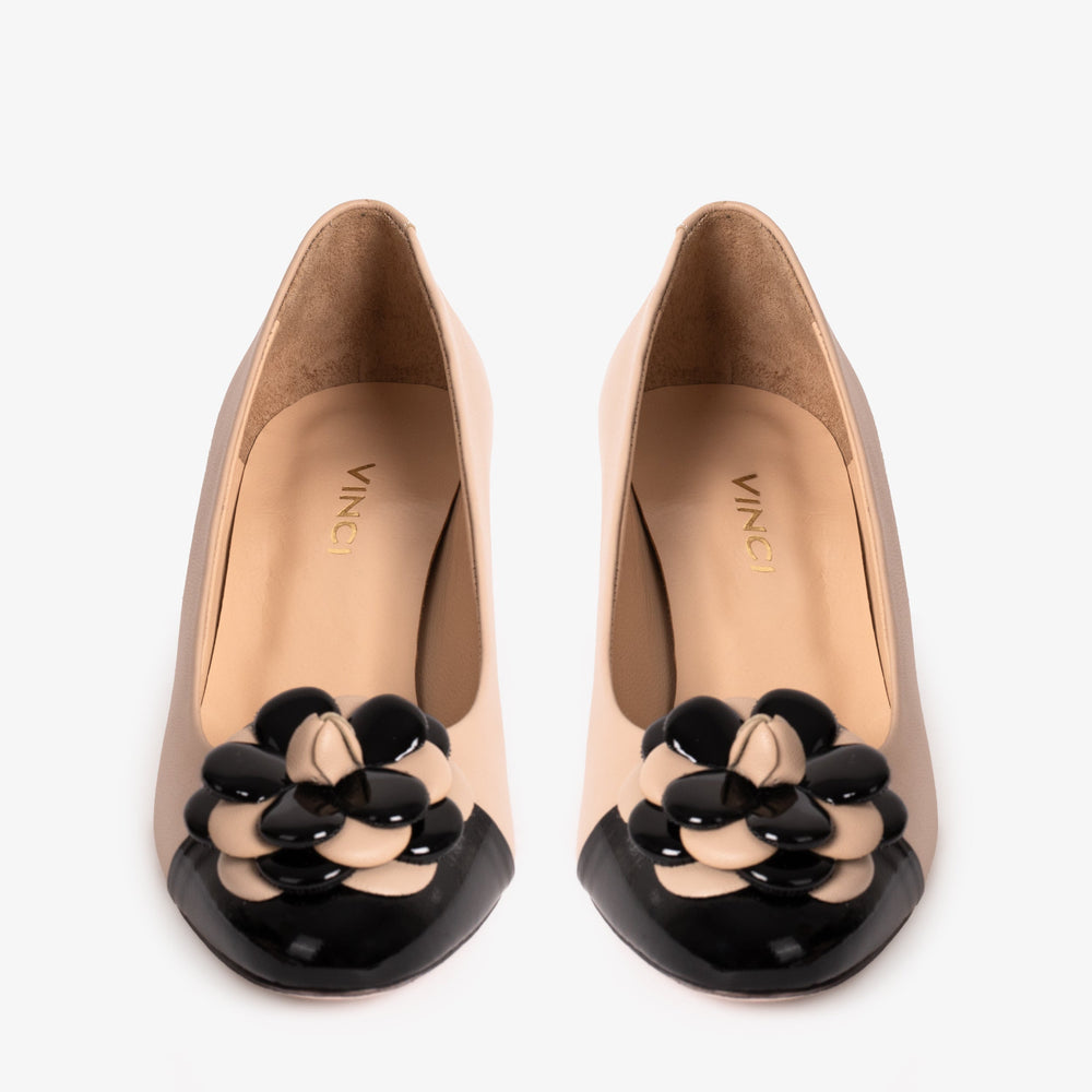The Diva Beige Leather Cap Toe Block Heel Pump Shoe