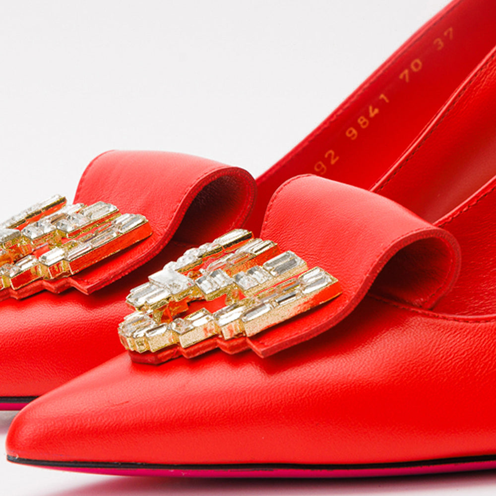 The Love Red Leather Block Heel Pump Shoe
