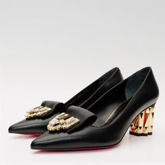 The Love Black Leather Block Heel Pump Shoe