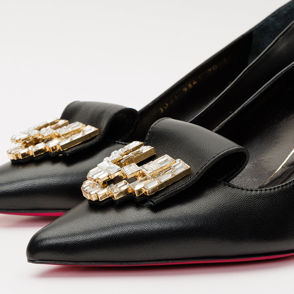 The Love Black Leather Block Heel Pump Shoe