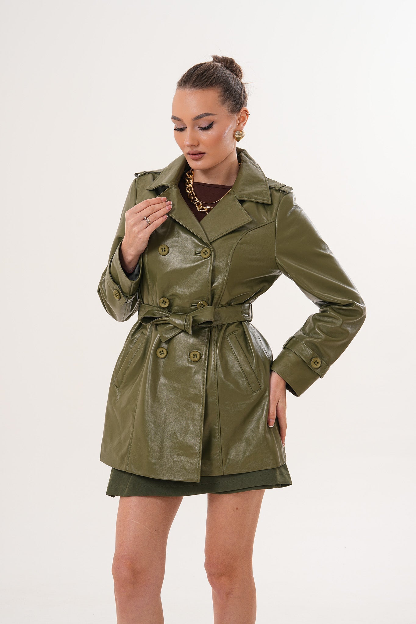 The Caelith Olive Green Leather Trench Jacket