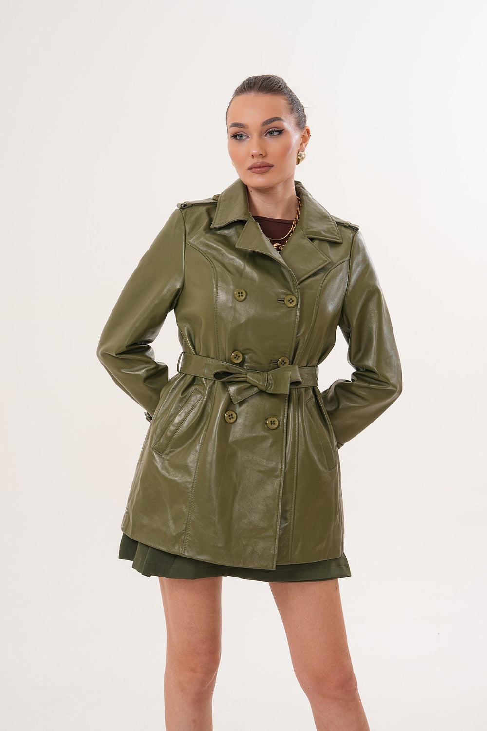 The Caelith Olive Green Leather Trench Jacket