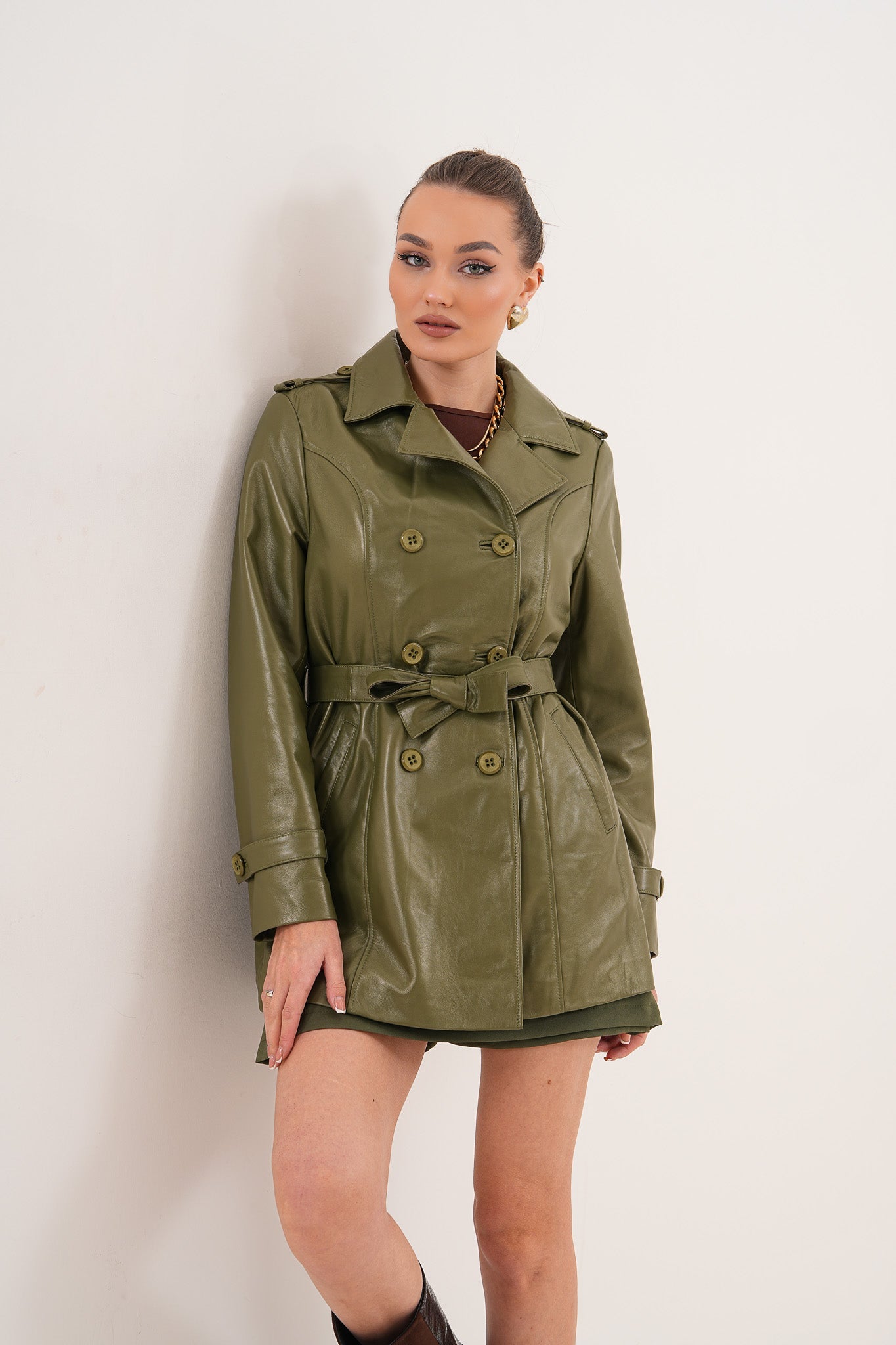 The Caelith Olive Green Leather Trench Jacket