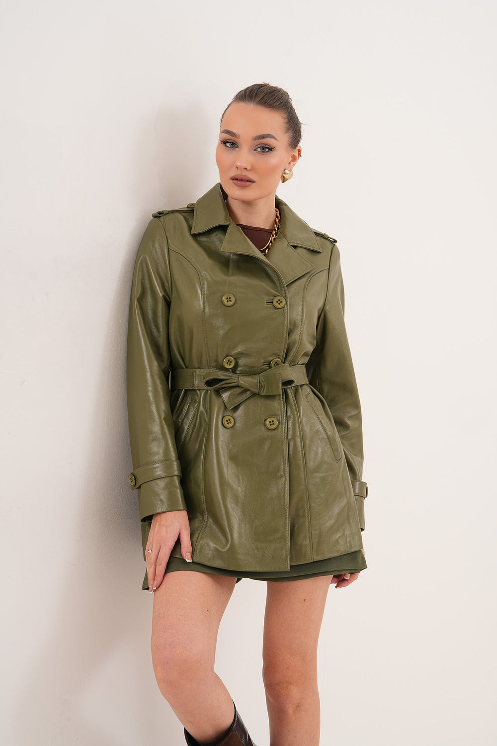 The Caelith Olive Green Leather Trench Jacket