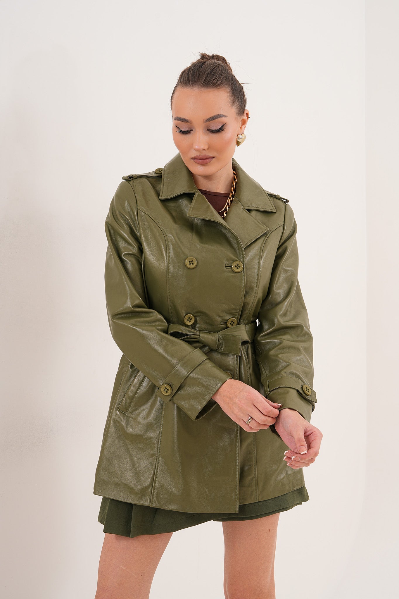 The Caelith Olive Green Leather Trench Jacket