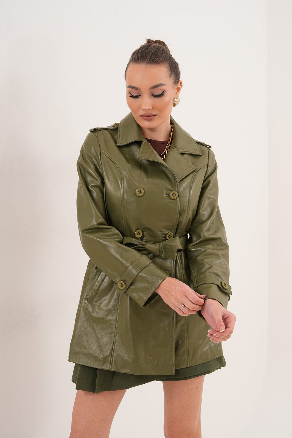 The Caelith Olive Green Leather Trench Jacket