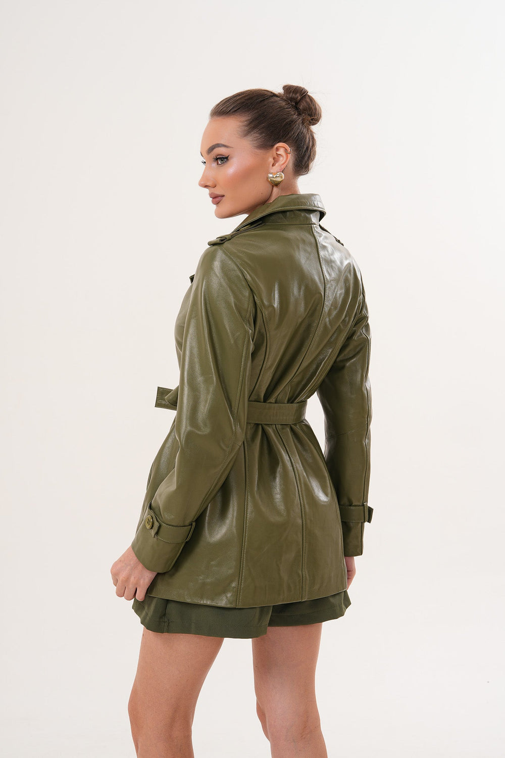 The Caelith Olive Green Leather Trench Jacket