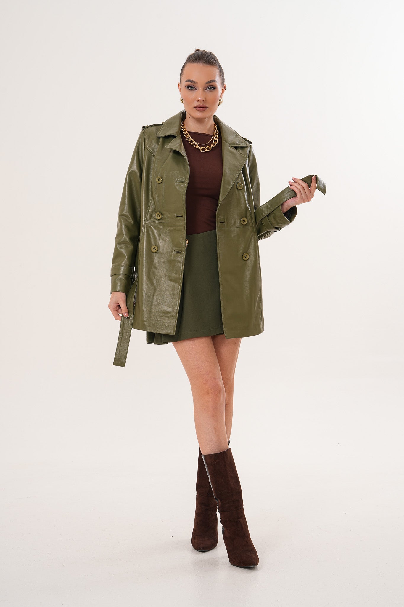 The Caelith Olive Green Leather Trench Jacket