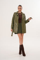 The Caelith Olive Green Leather Trench Jacket