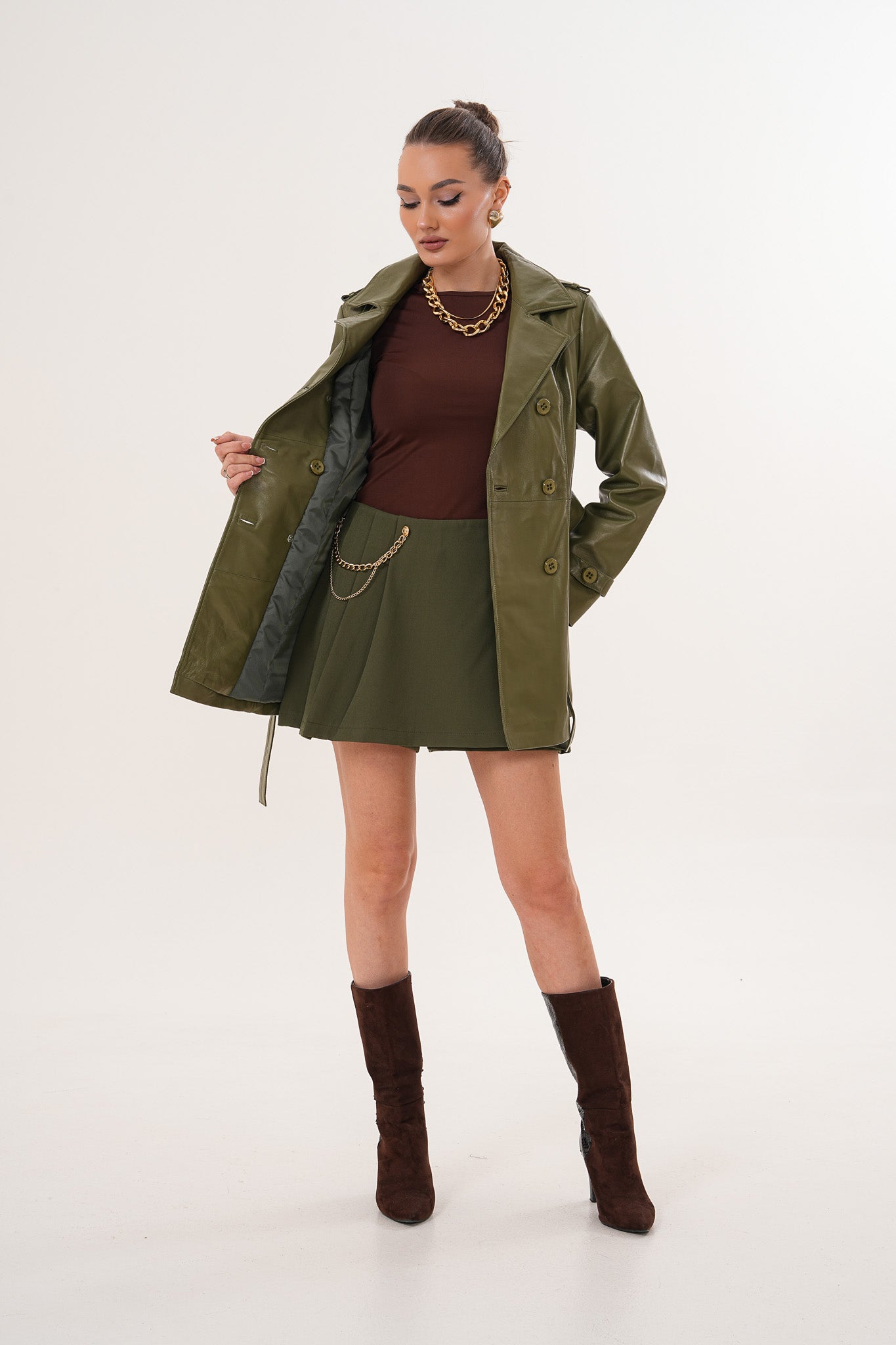 The Caelith Olive Green Leather Trench Jacket