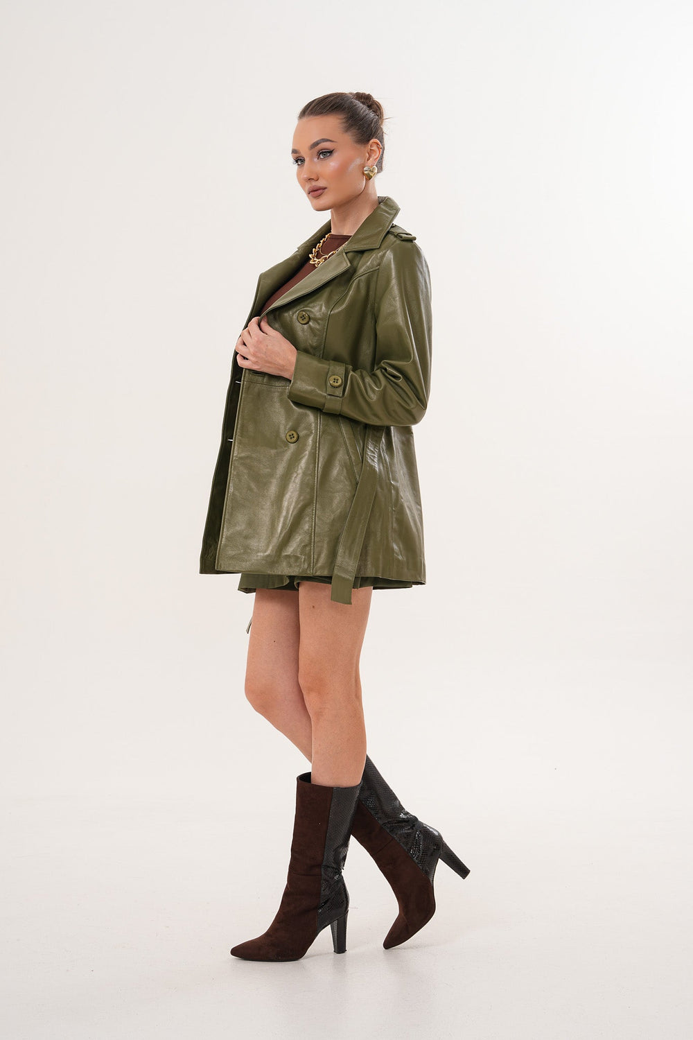 The Caelith Olive Green Leather Trench Jacket