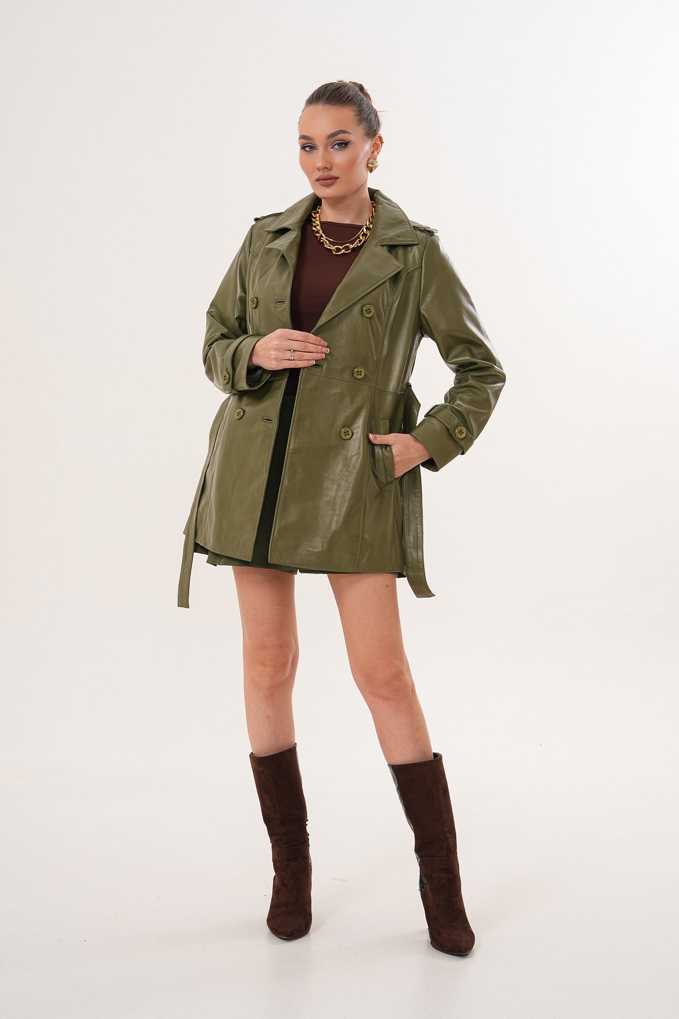The Caelith Olive Green Leather Trench Jacket