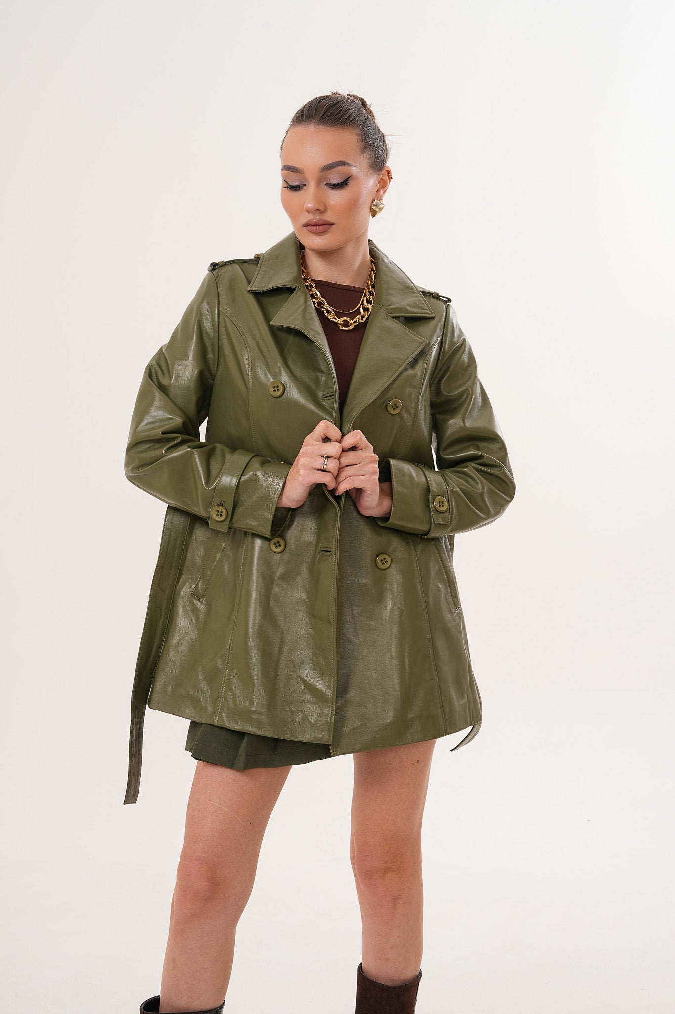 The Caelith Olive Green Leather Trench Jacket