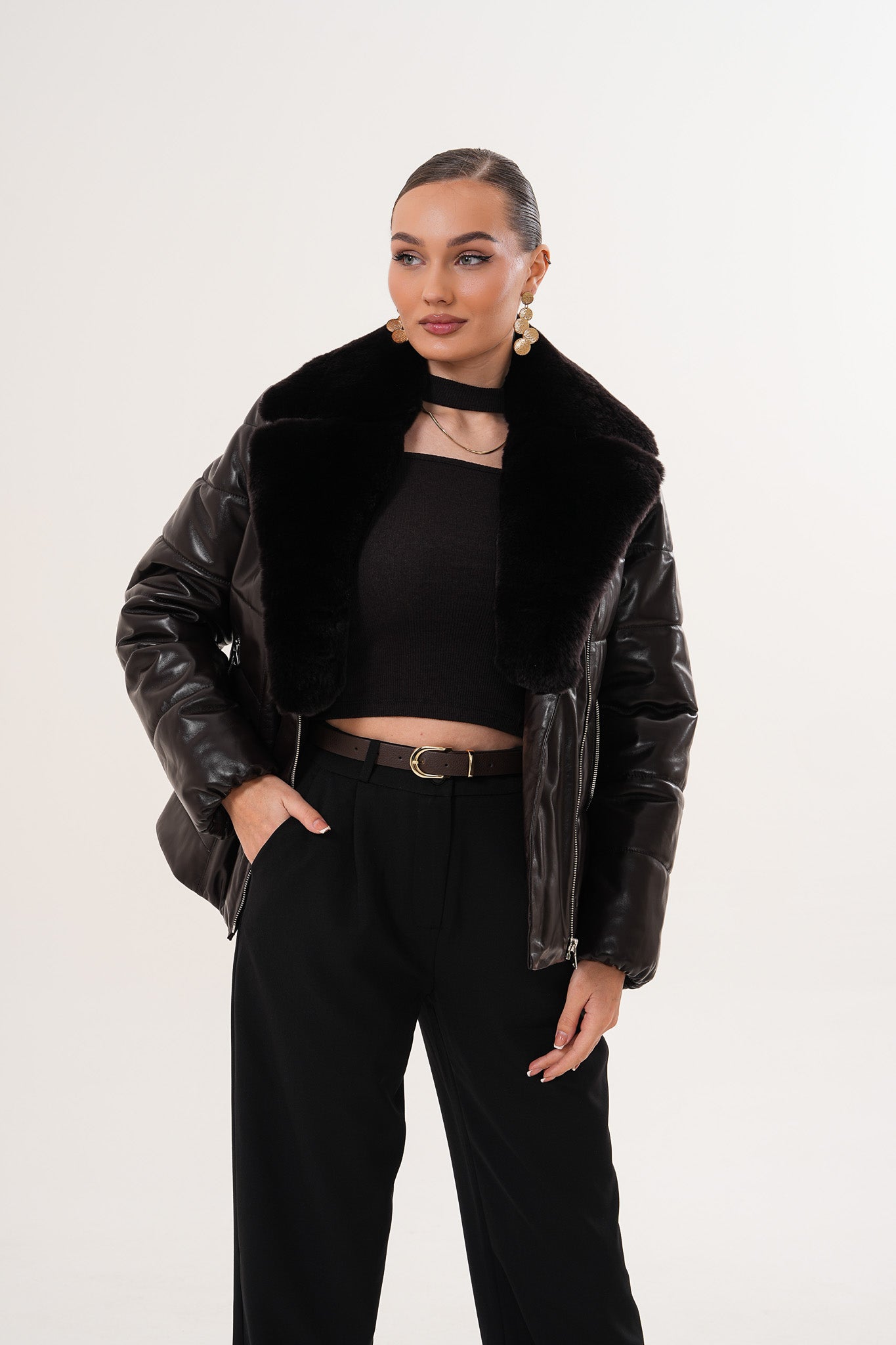 The Elvaris Dark Chocolate Leather Jacket with Fur Collar