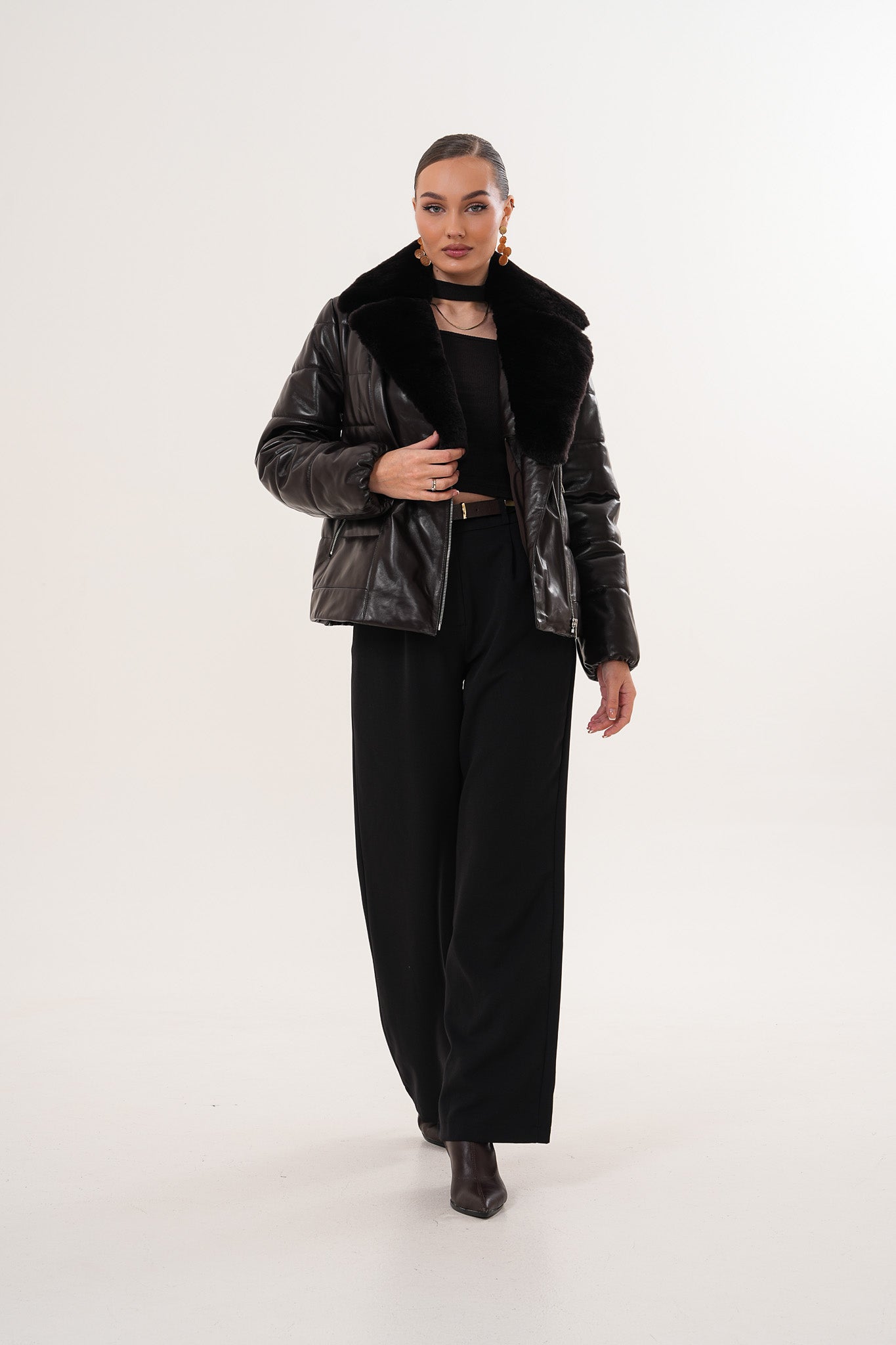 The Elvaris Dark Chocolate Leather Jacket with Fur Collar