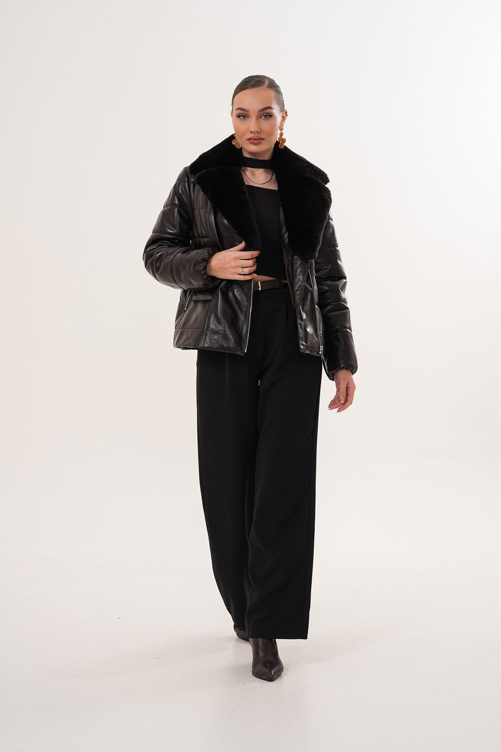The Elvaris Dark Chocolate Leather Jacket with Fur Collar
