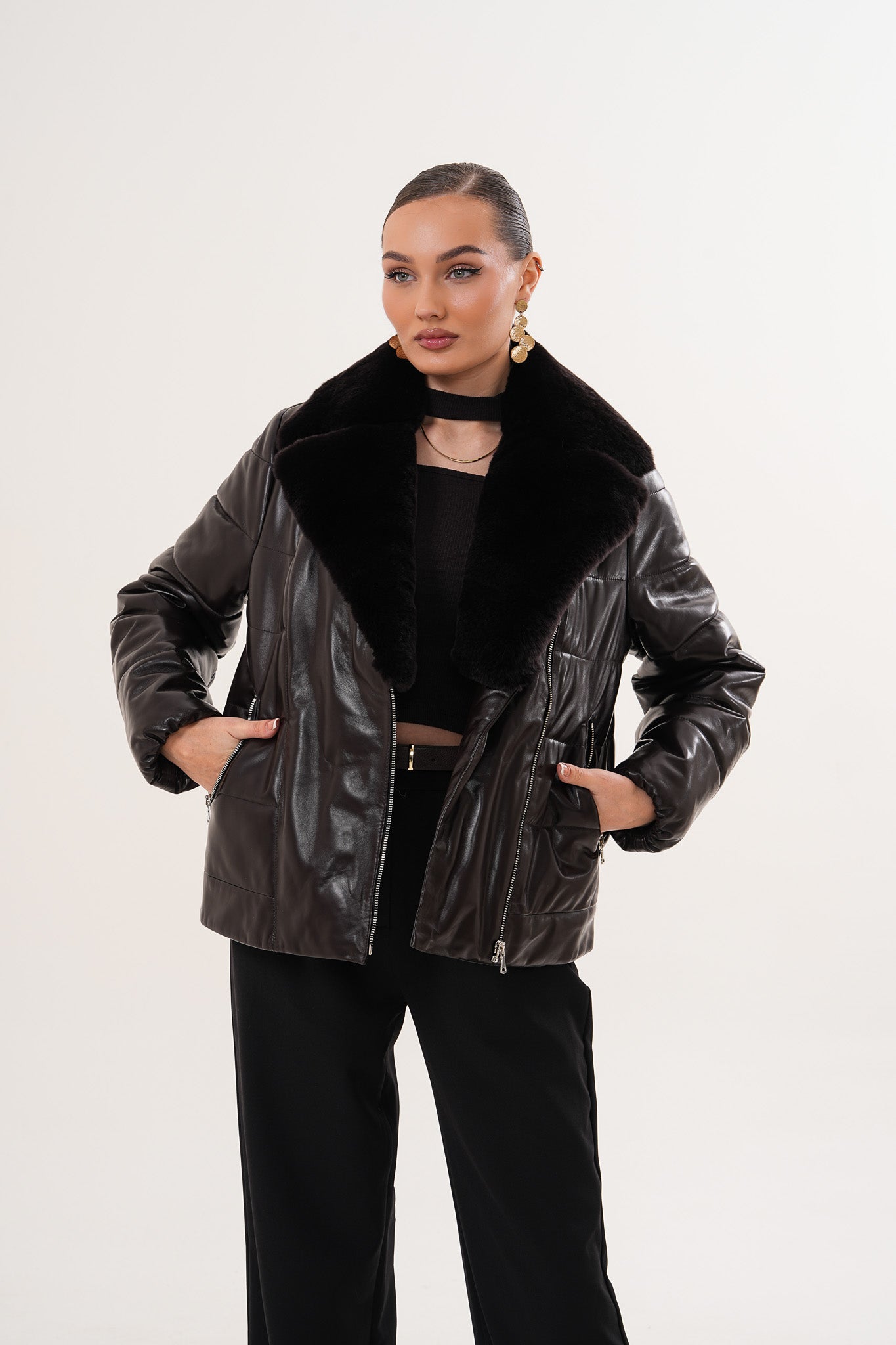 The Elvaris Dark Chocolate Leather Jacket with Fur Collar