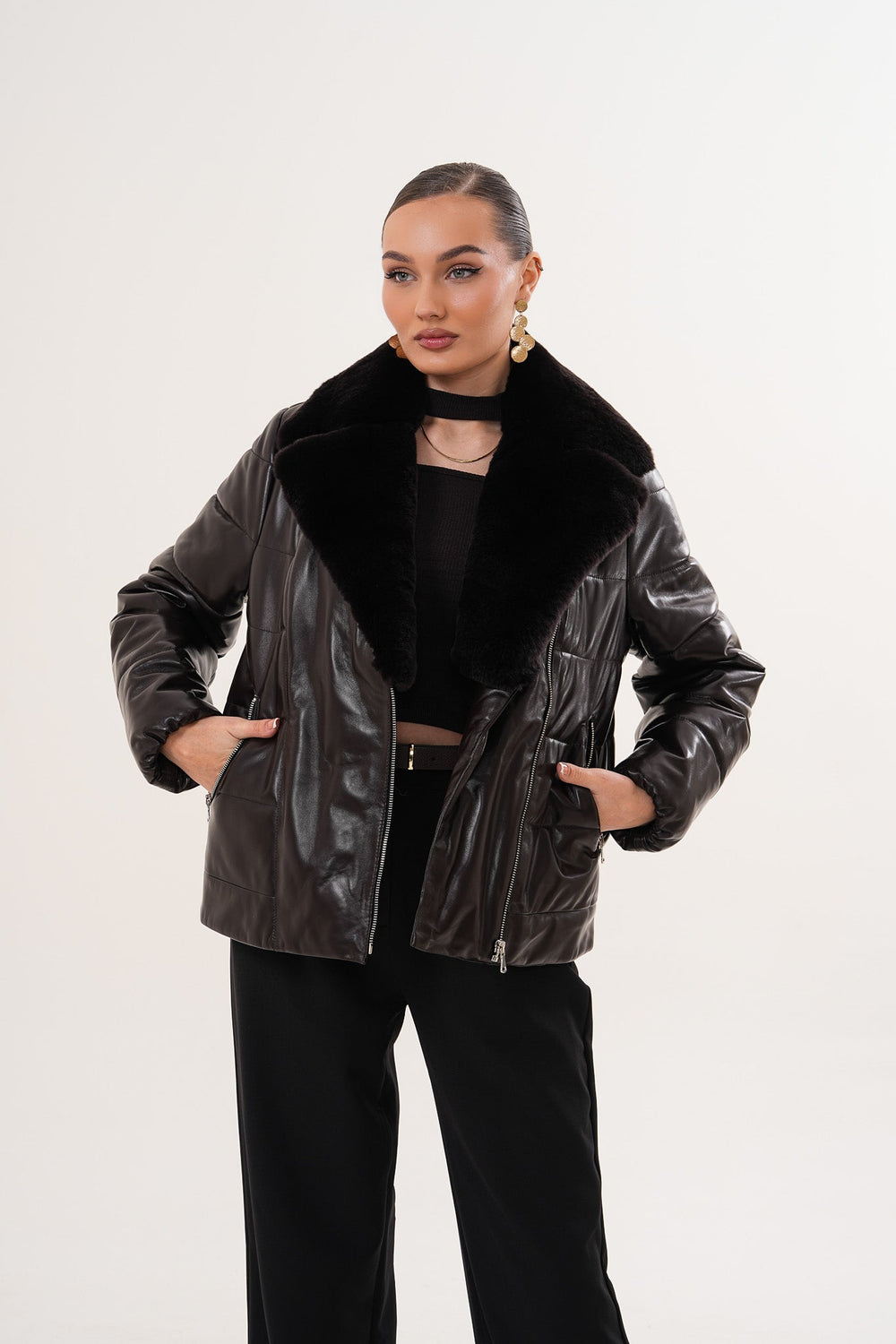 The Elvaris Dark Chocolate Leather Jacket with Fur Collar