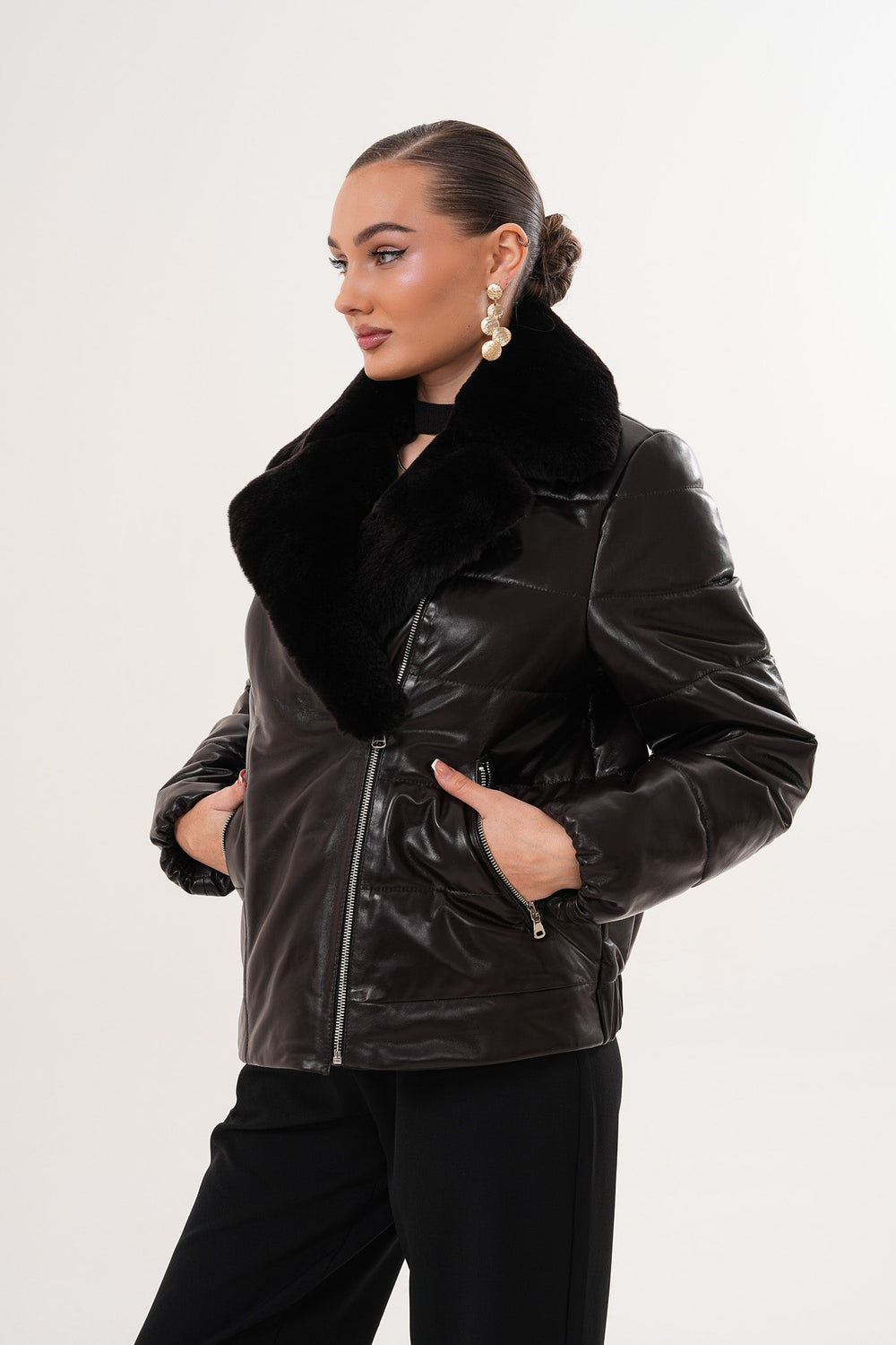 The Elvaris Dark Chocolate Leather Jacket with Fur Collar