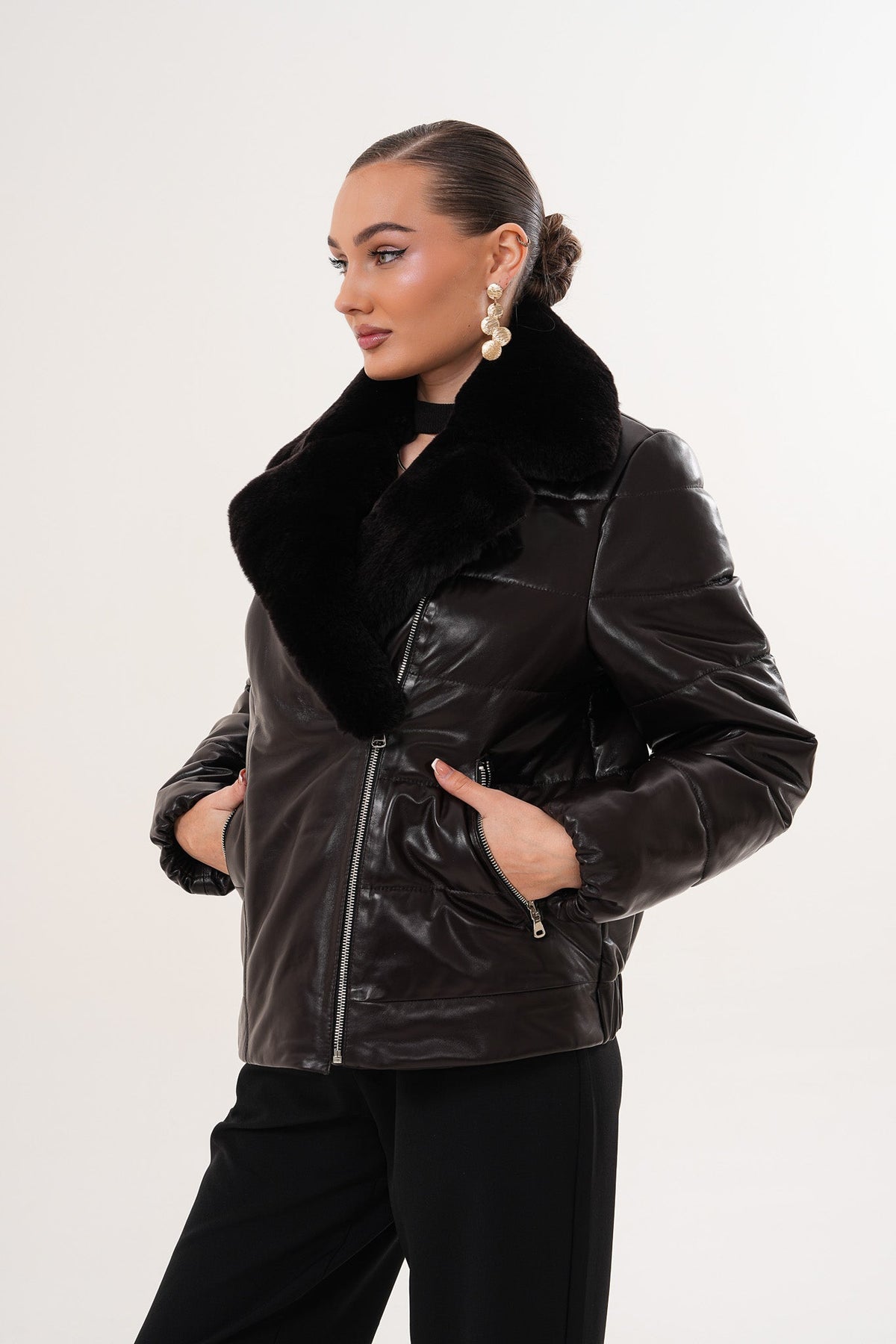 The Elvaris Dark Chocolate Leather Jacket with Fur Collar