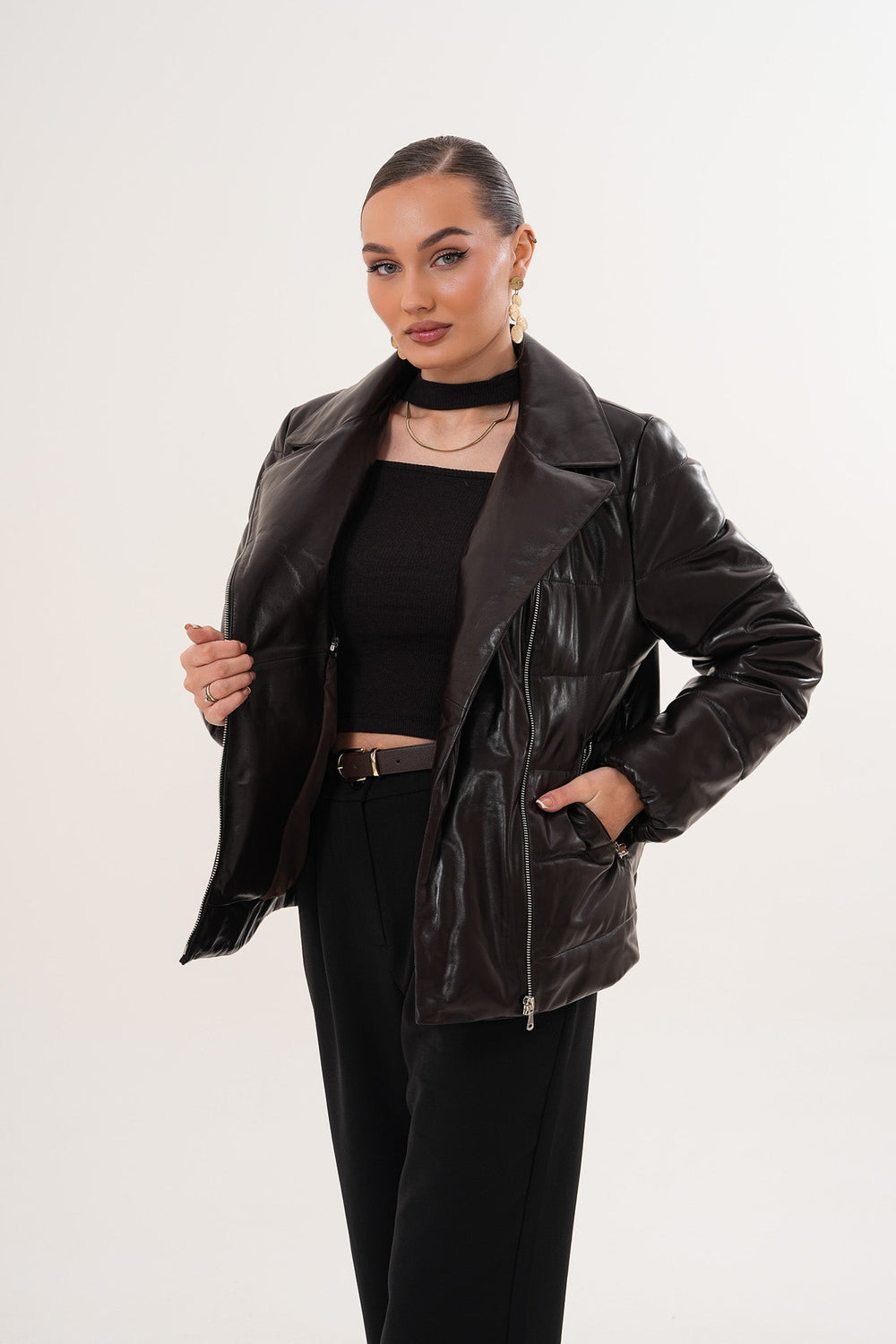 The Elvaris Dark Chocolate Leather Jacket with Fur Collar