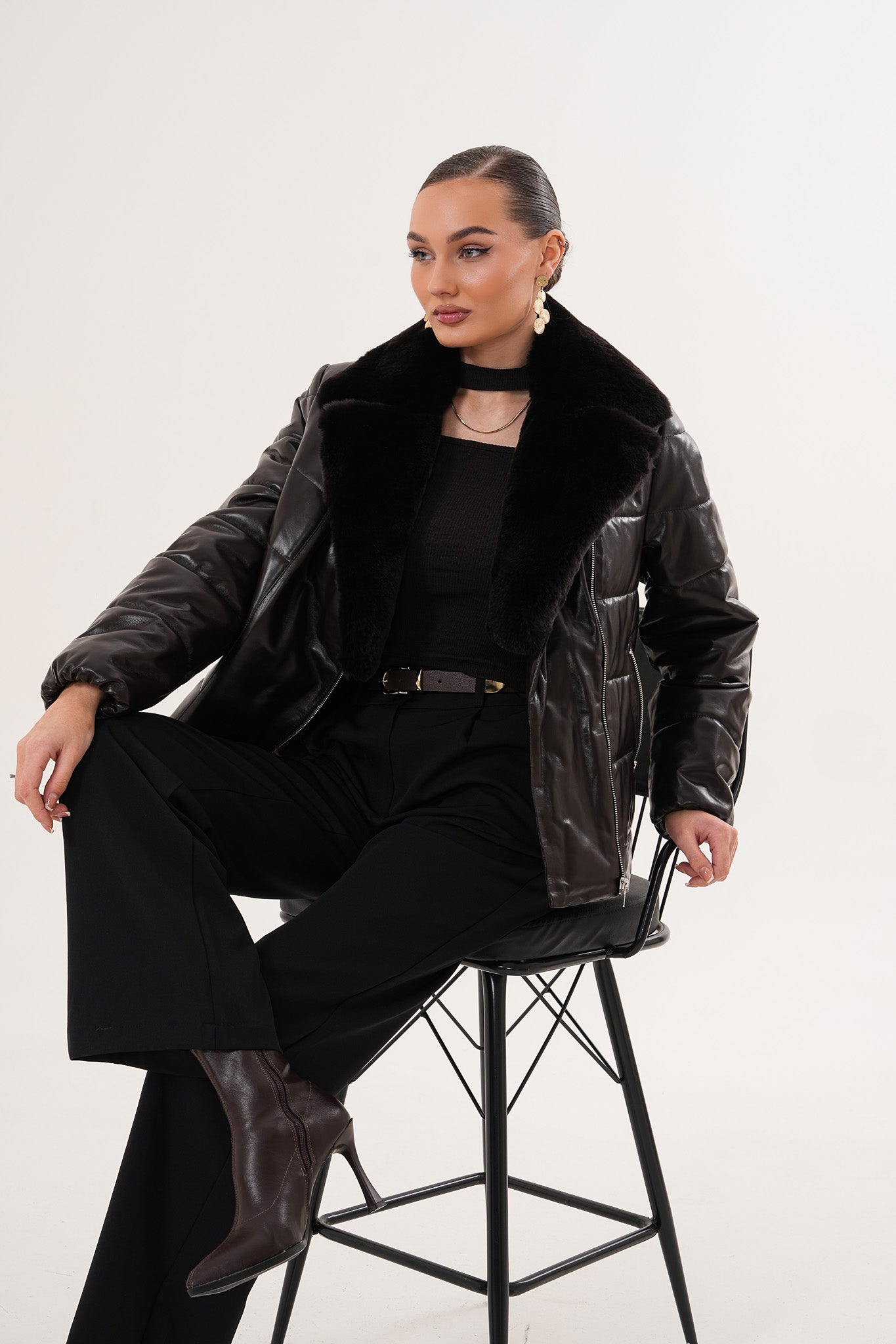 The Elvaris Dark Chocolate Leather Jacket with Fur Collar