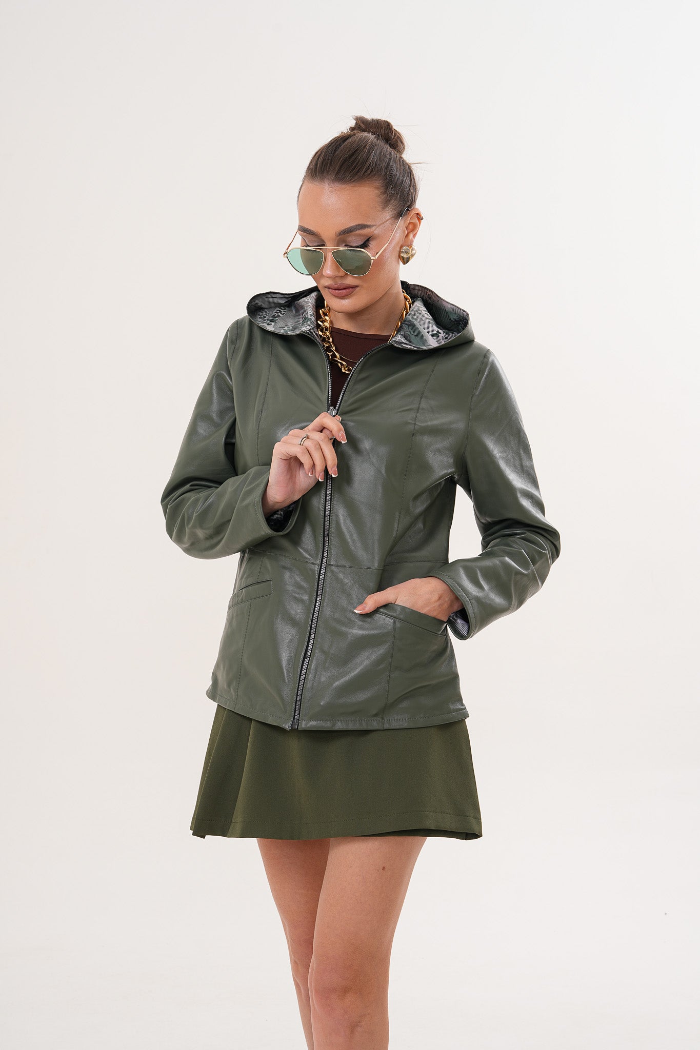The Avelyn Reversible Olive Green Leather Jacket