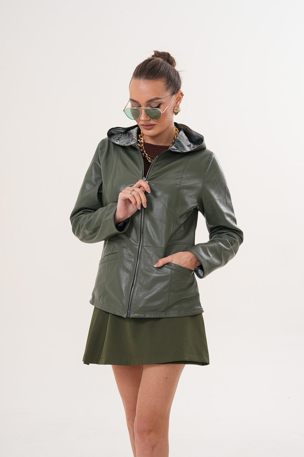 The Avelyn Reversible Olive Green Leather Jacket