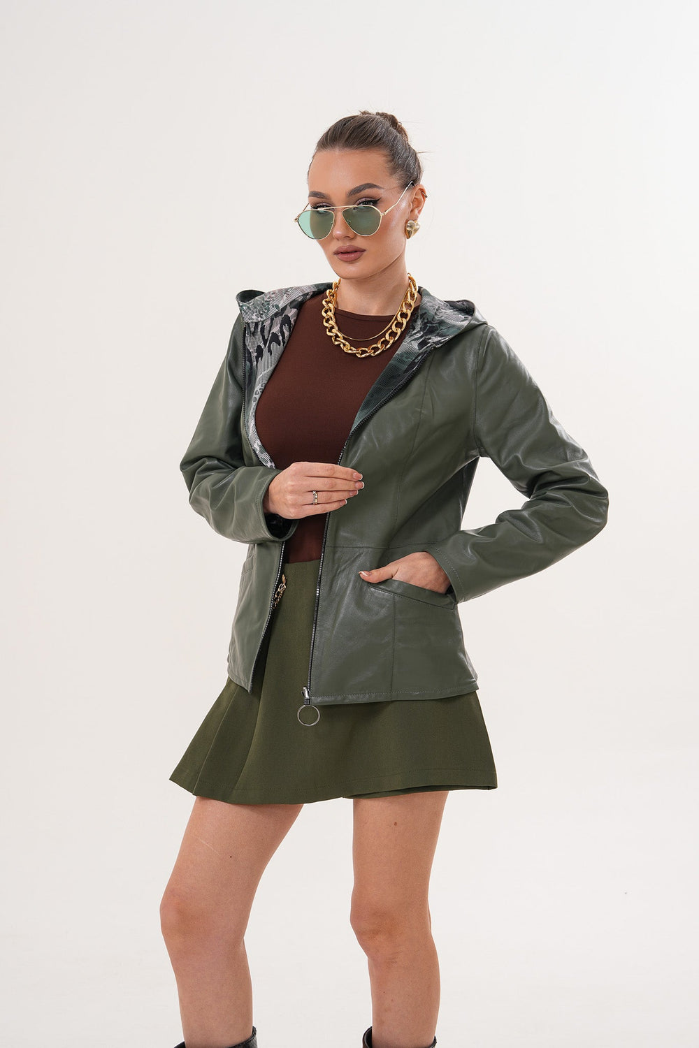 The Avelyn Reversible Olive Green Leather Jacket