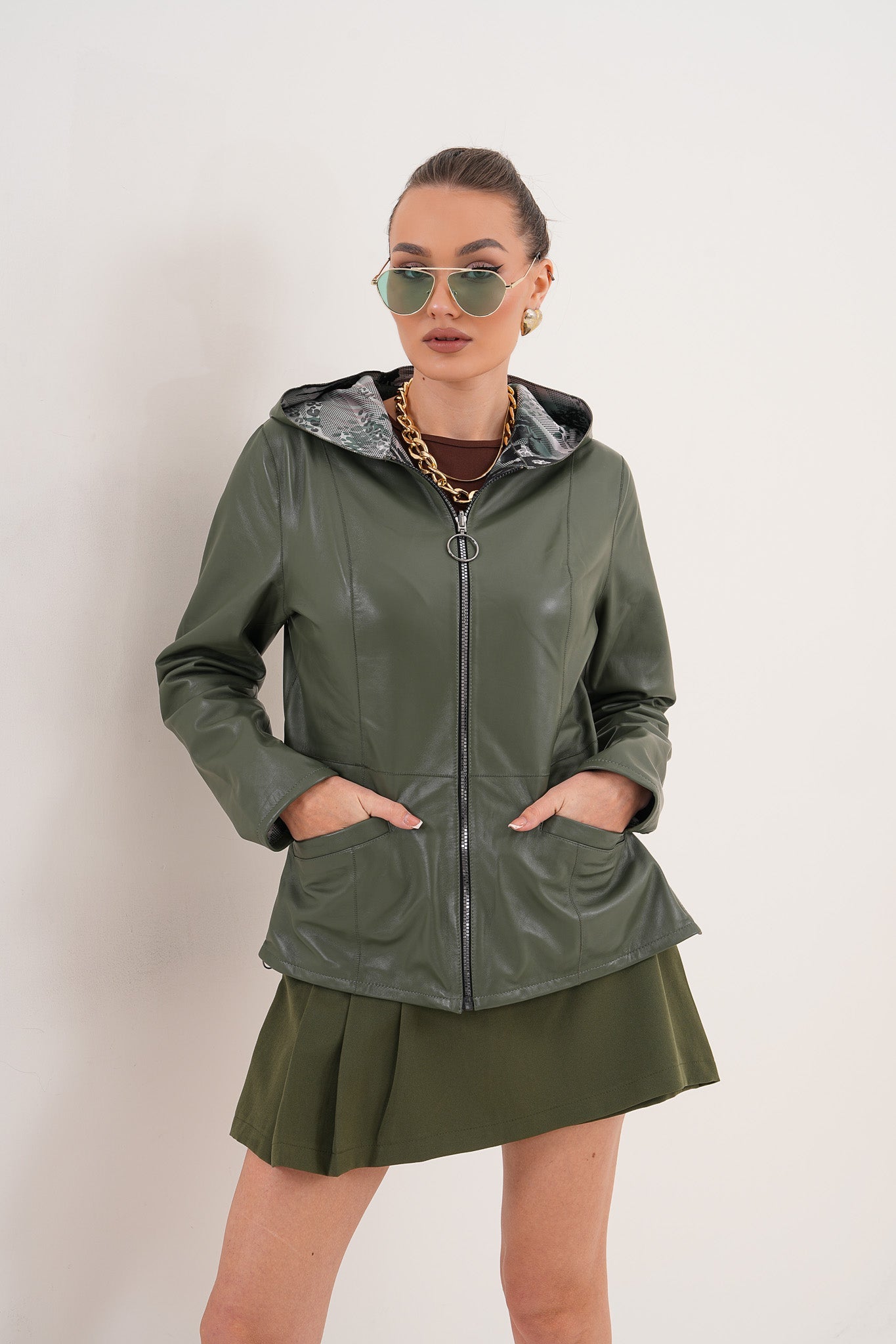 The Avelyn Reversible Olive Green Leather Jacket