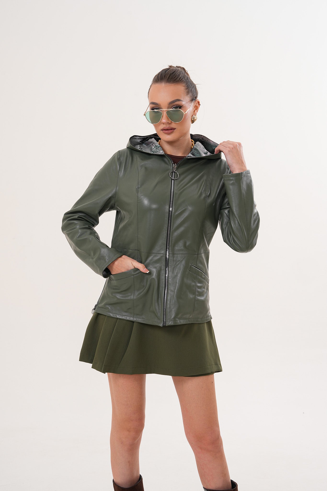 The Avelyn Reversible Olive Green Leather Jacket