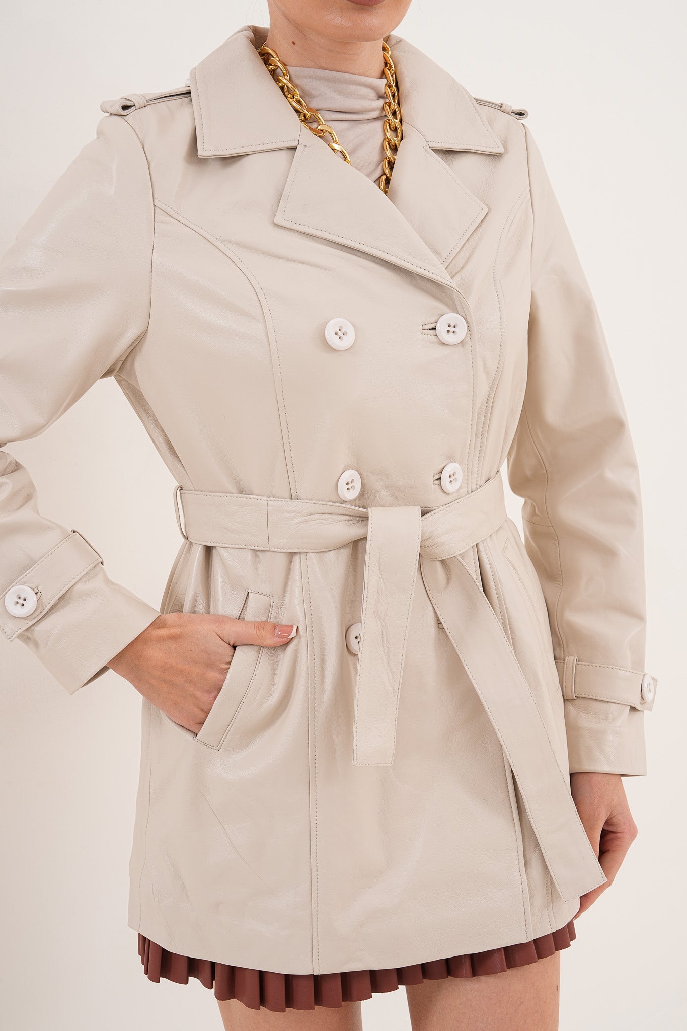 The Caelith Light Beige Leather Trench Jacket