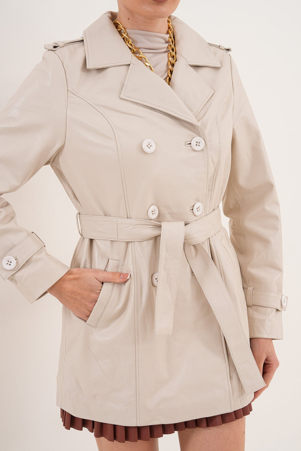 The Caelith Light Beige Leather Trench Jacket