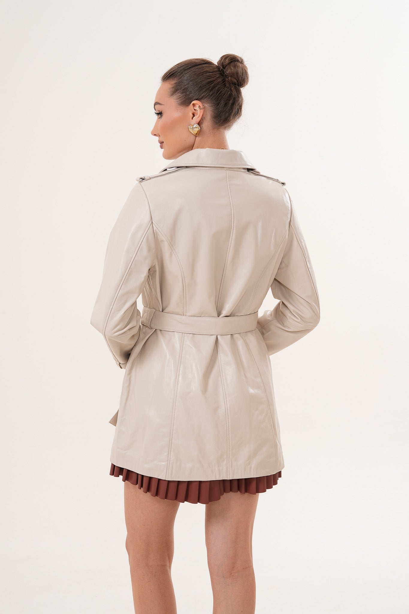 The Caelith Light Beige Leather Trench Jacket