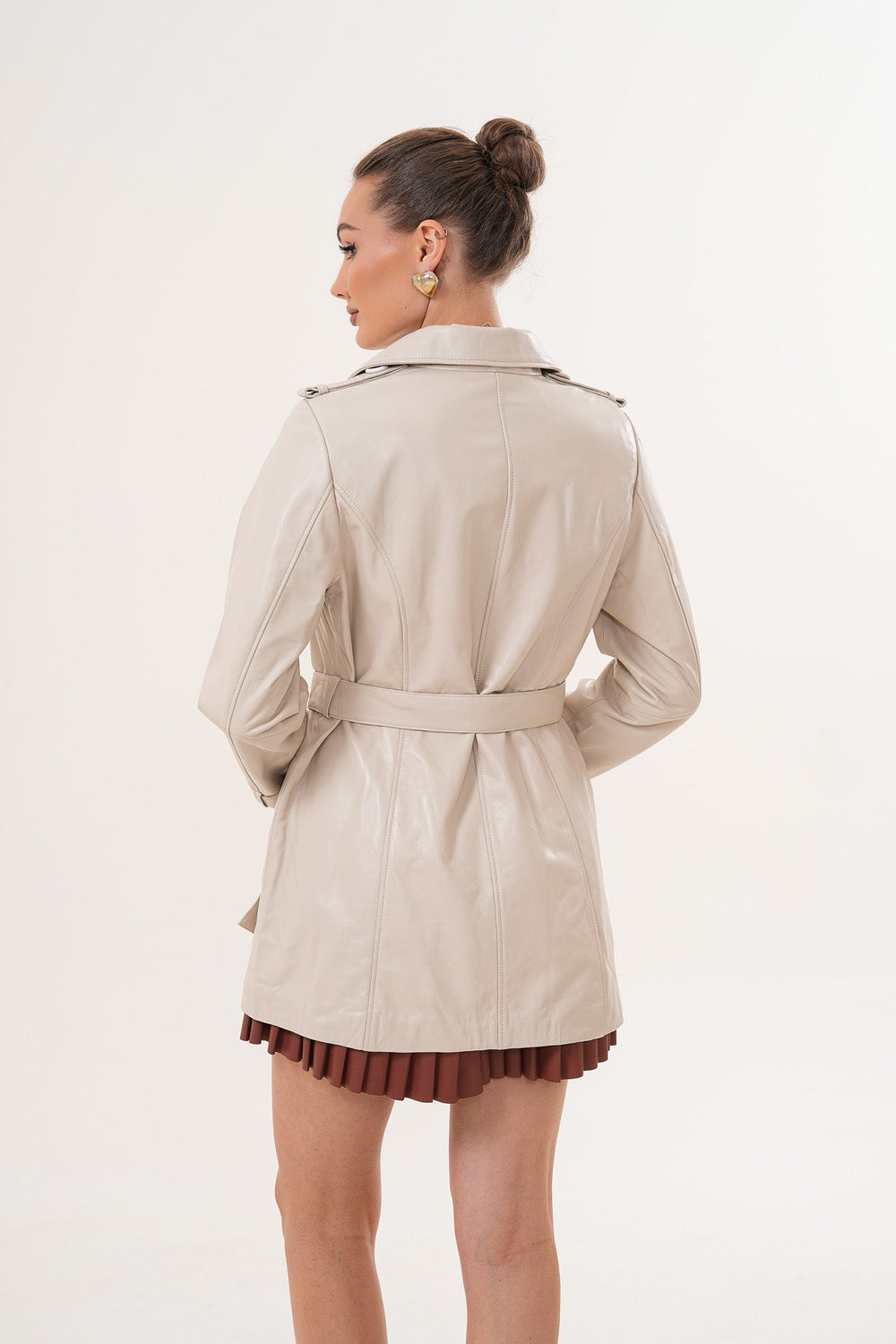 The Caelith Light Beige Leather Trench Jacket
