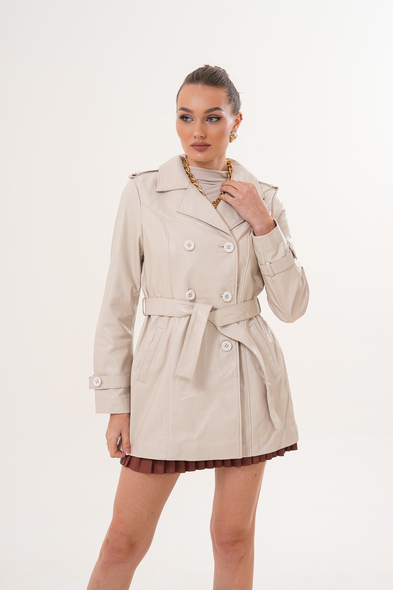 The Caelith Light Beige Leather Trench Jacket
