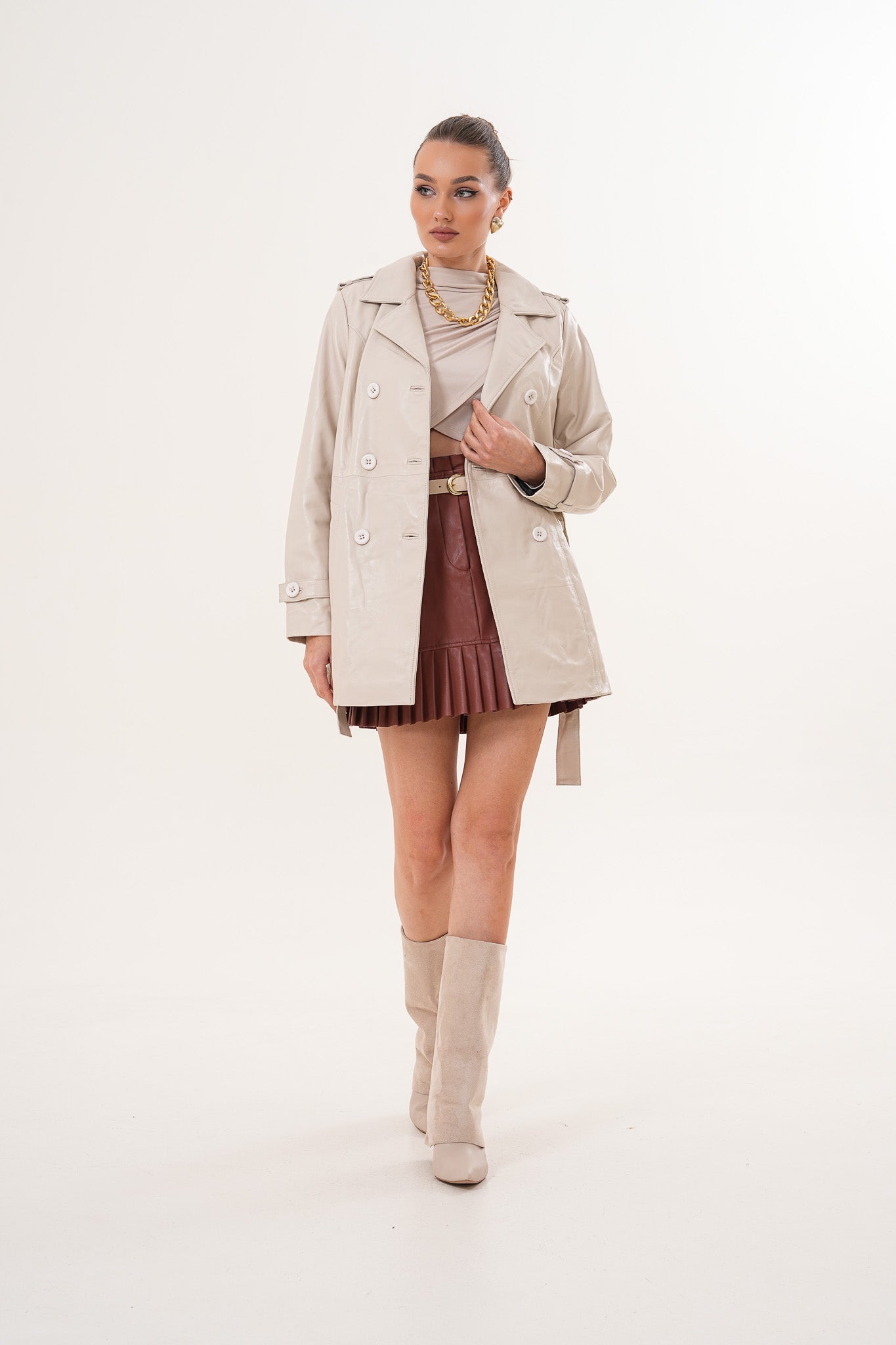 The Caelith Light Beige Leather Trench Jacket