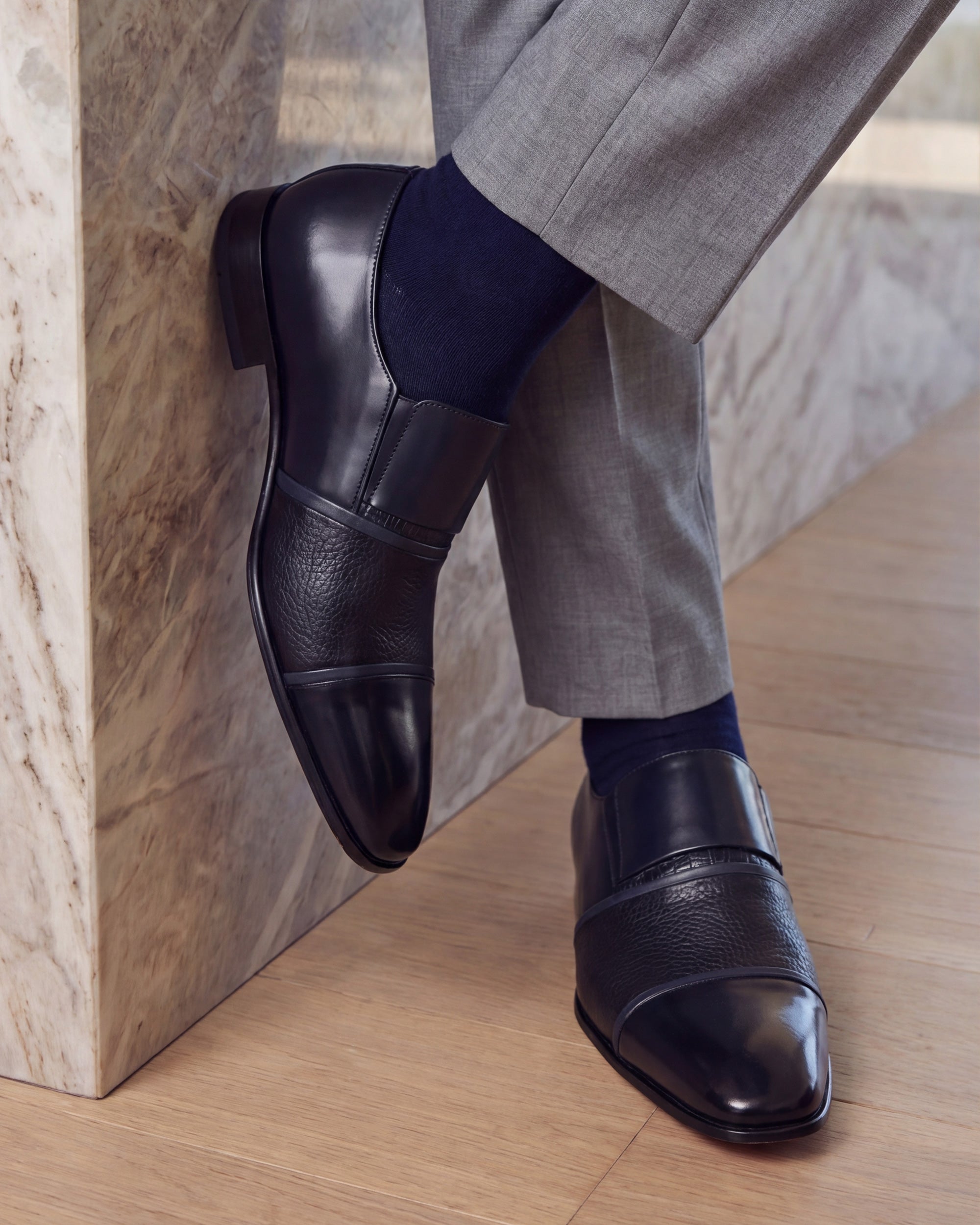 The Everest Navy Leather Cap Toe Dress Loafer Shoe