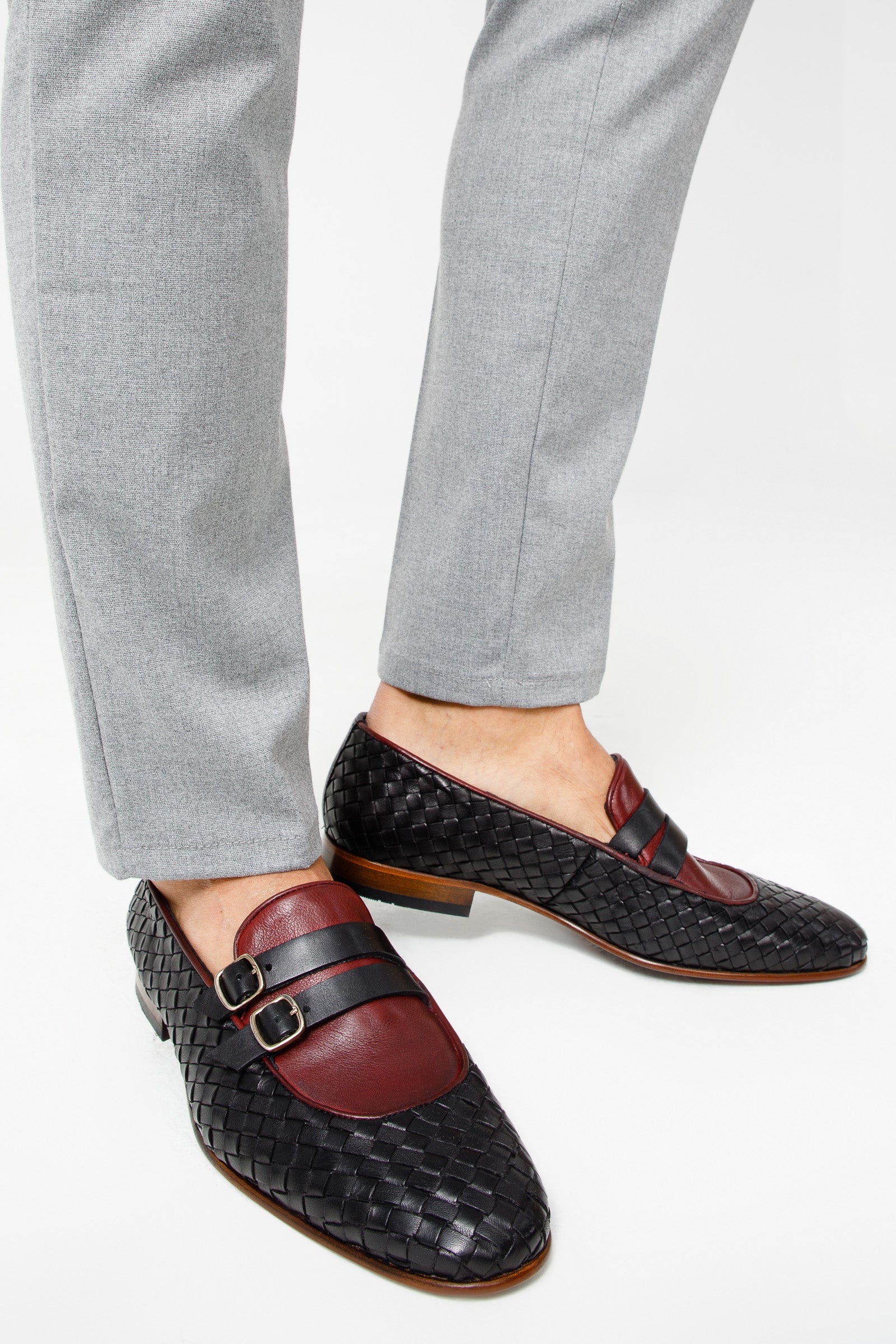 The Vatra Black Burgundy Woven Double Monk Strap Shoe